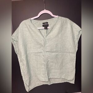 Tahari Top Womens L Essentials Tunic Short Sleeve 100% Linen Seagreen.
